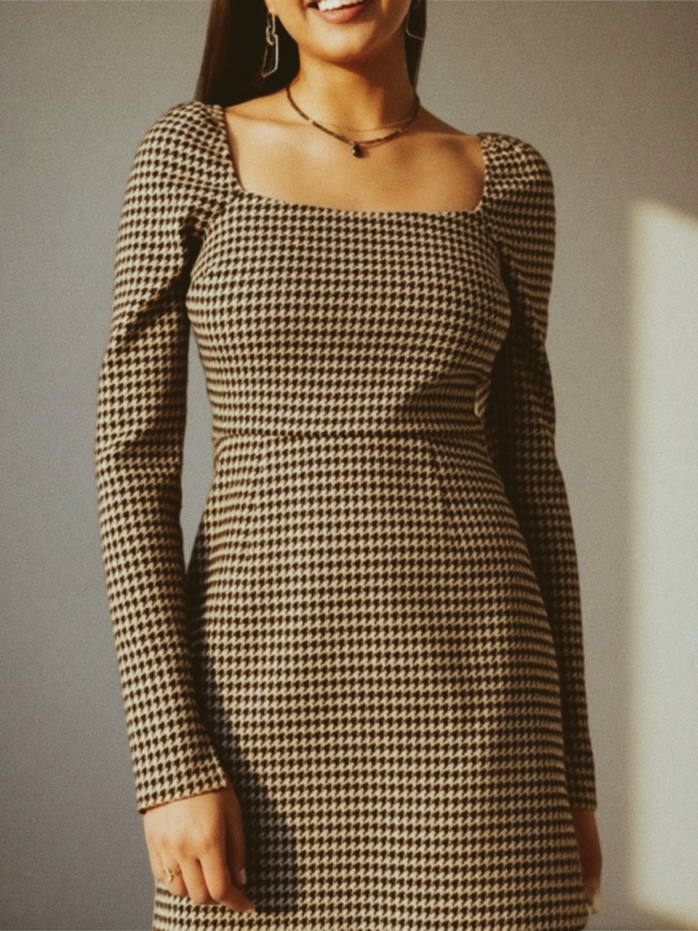 Miami Black and Brown Houndstooth Long Sleeve Dress